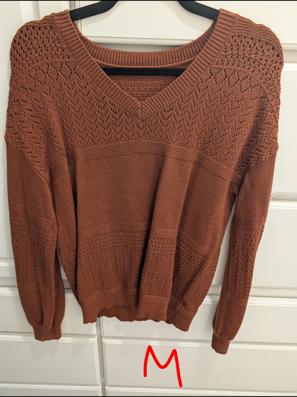 Women’s V-Neck Openwork Sweater - Rust